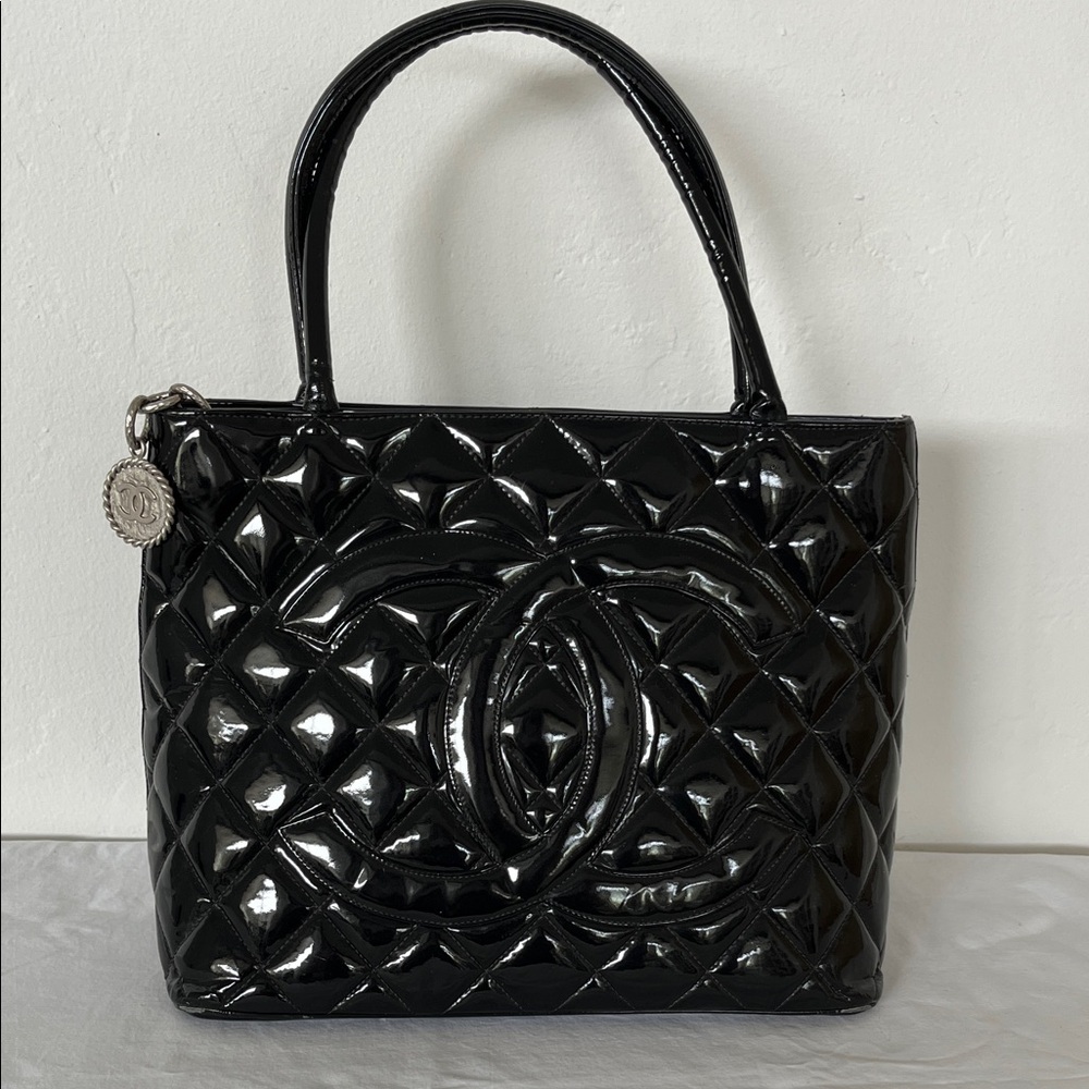 CHANEL Black Quilted Patent Leather Tote
